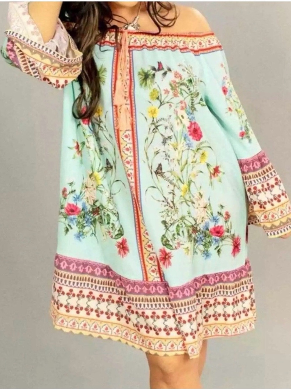 Boho Floral Off-Shoulder Tunic in Aqua with Coral Accents